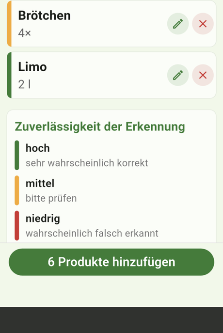 Erkannte Produkte mit Zuverl&auml;ssigkeits-Anzeige